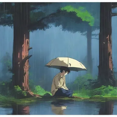 In the anime, the main character seeks shelter under a balsam fir tree during a rainstorm.
