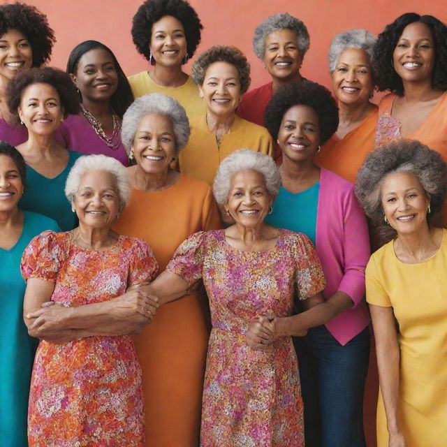 Compose an image of a group of diverse women of varying ages and backgrounds standing in solidarity. They are wearing vibrant outfits and holding hands, symbolizing unity and strength.