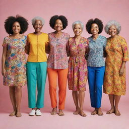 Compose an image of a group of diverse women of varying ages and backgrounds standing in solidarity. They are wearing vibrant outfits and holding hands, symbolizing unity and strength.