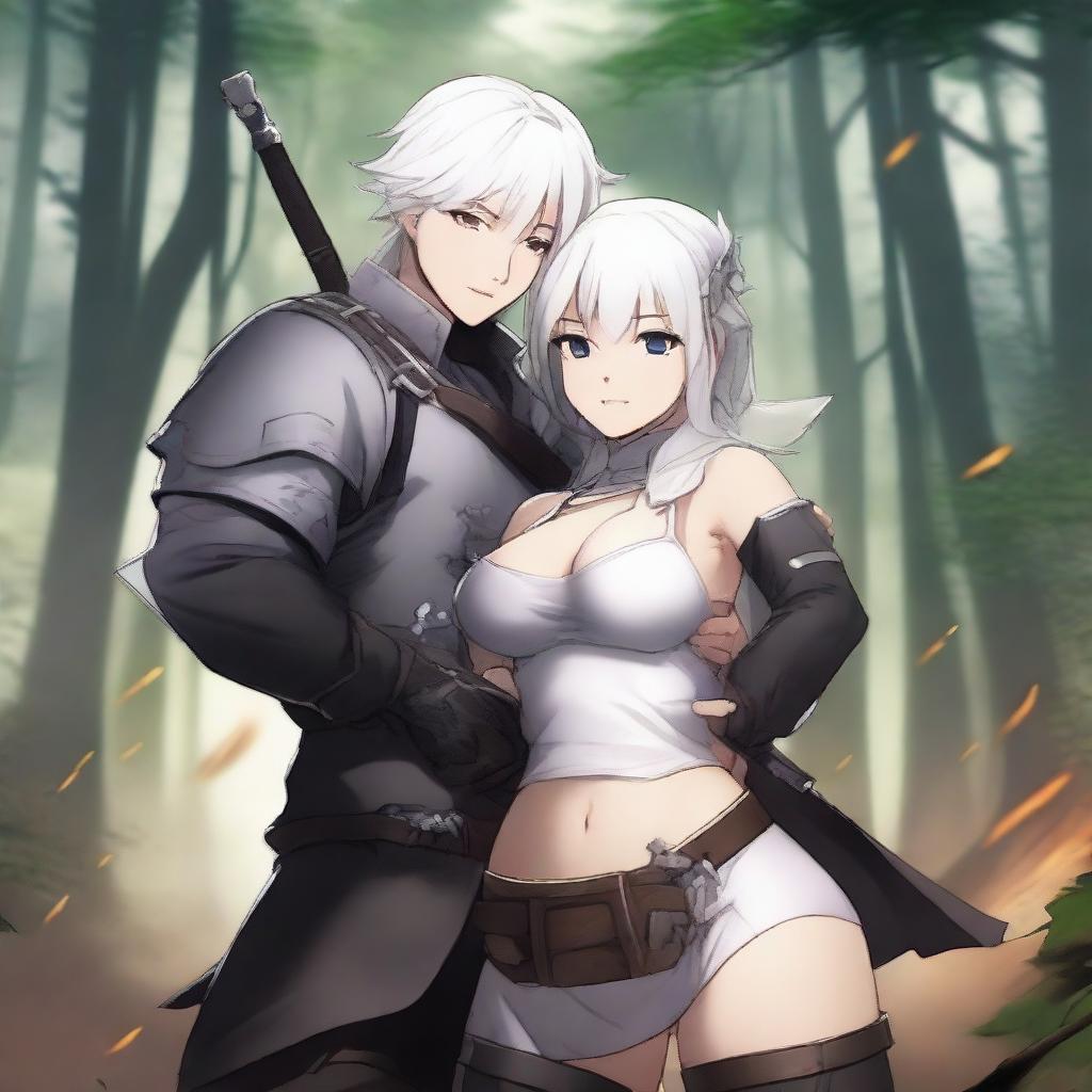 A high-quality digital art image depicting Yu Ijin from Mercenary Enrollment, embracing a curvy girl around her waist