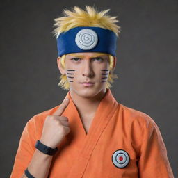 Naruto Uzumaki dressed in traditional Assamese attire, with the iconic Konoha headband and holding a Rasengan