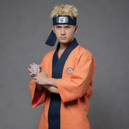 Naruto Uzumaki dressed in traditional Assamese attire, with the iconic Konoha headband and holding a Rasengan