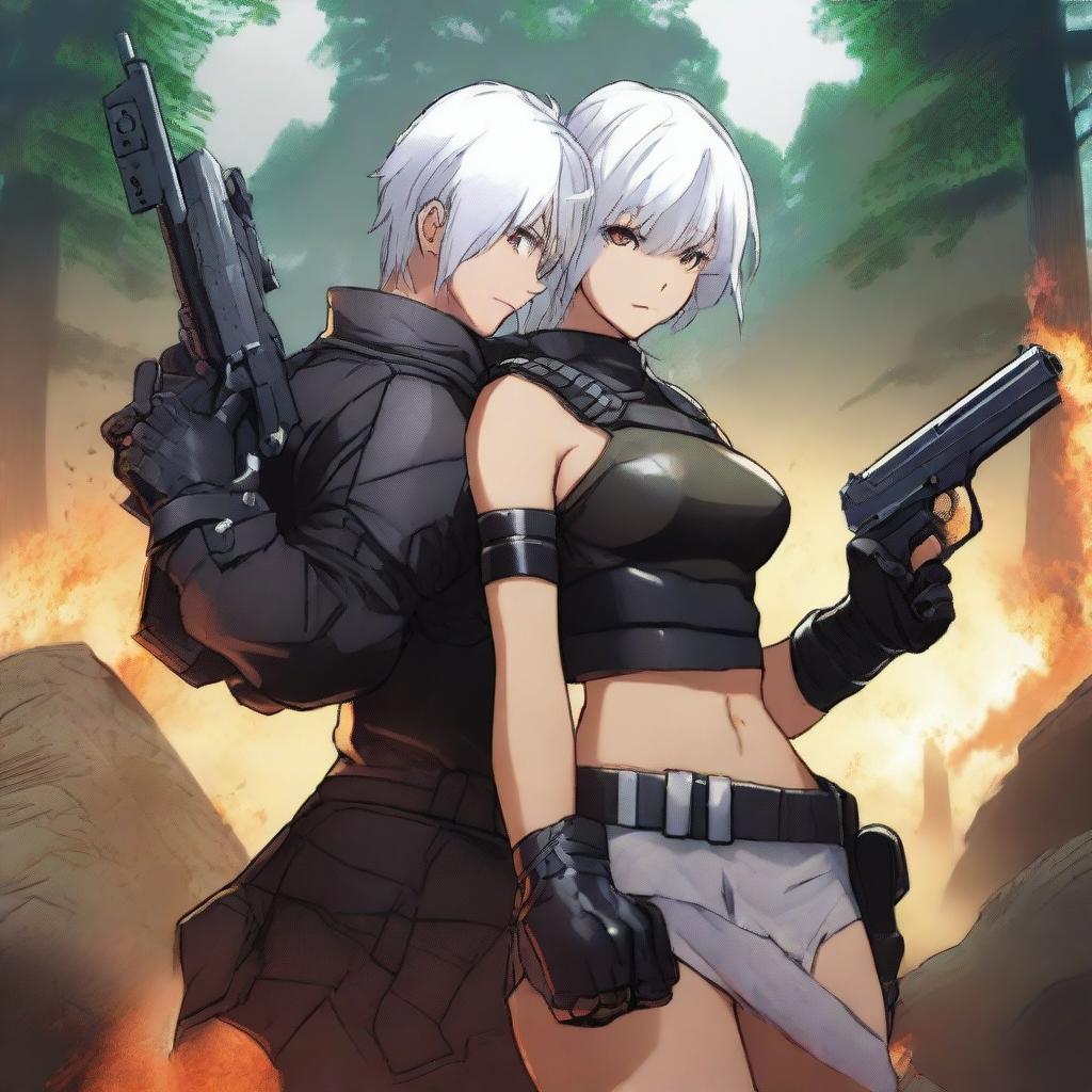 A high-quality digital art image showcasing Yu Ijin from Mercenary Enrollment, embracing a curvy girl around her waist