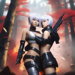 A high-quality digital art image showcasing Yu Ijin from Mercenary Enrollment, embracing a curvy girl around her waist