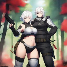 A high-quality digital art image showcasing Yu Ijin from Mercenary Enrollment, embracing a curvy girl around her waist