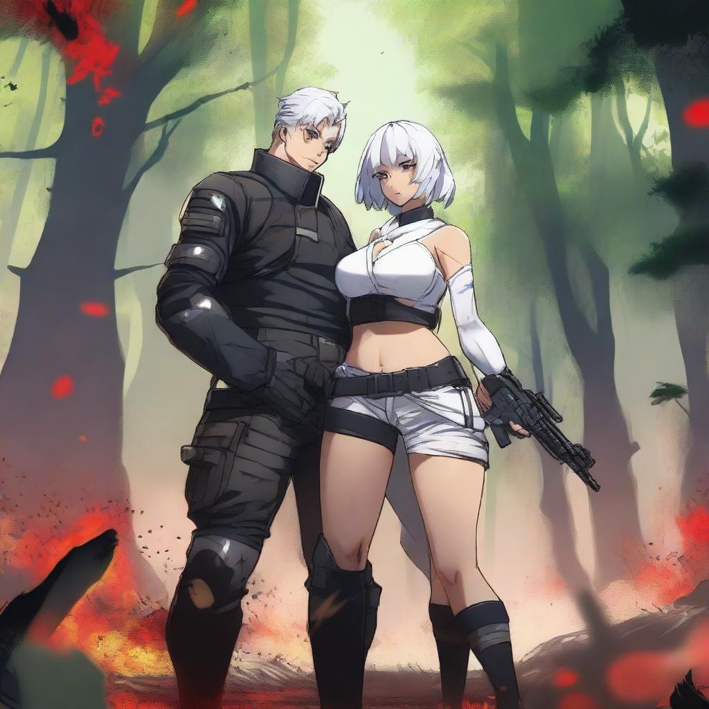 A high-quality digital art image showcasing Yu Ijin from Mercenary Enrollment, embracing a curvy girl around her waist