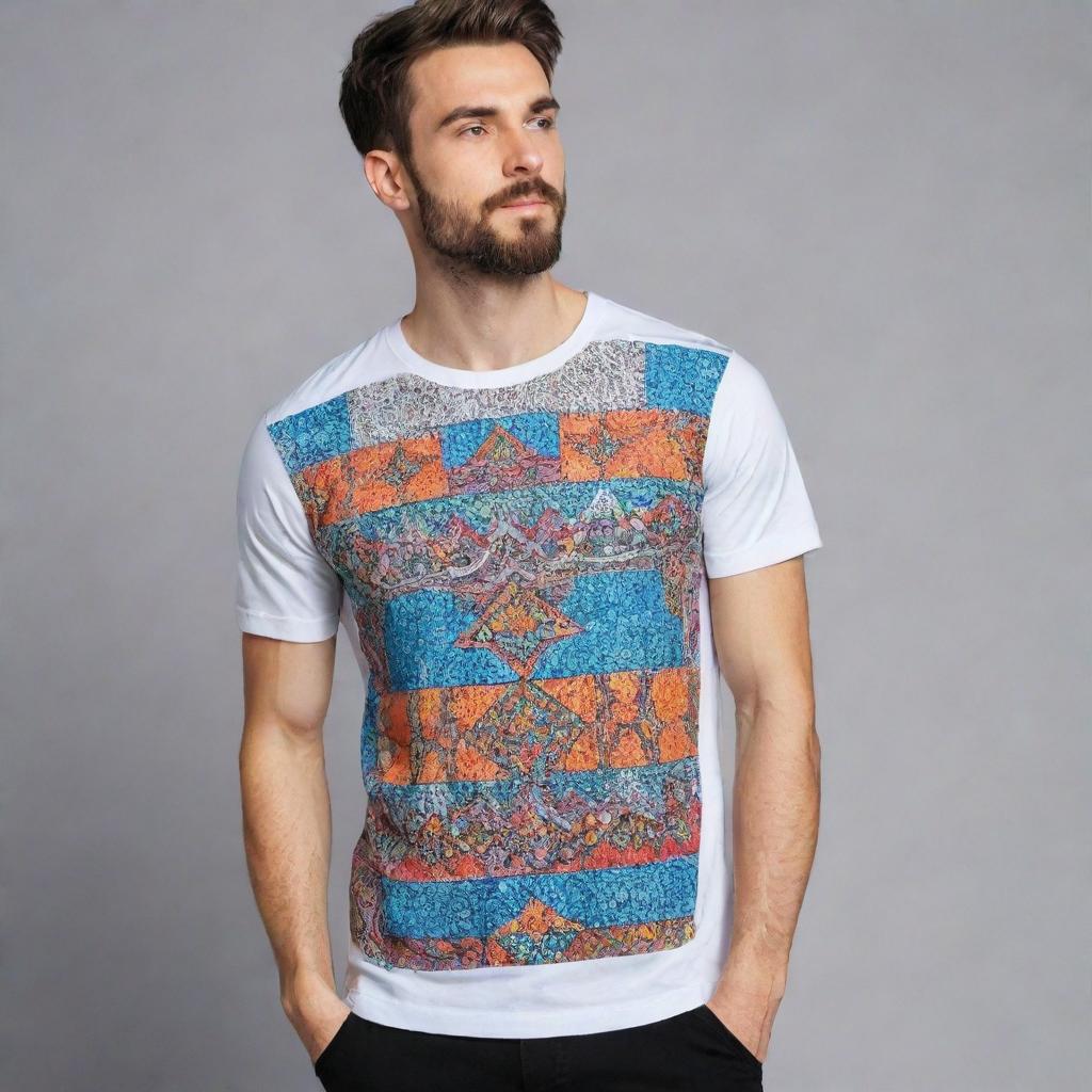 A stylish and unique t-shirt design with vibrant colors and creative patterns