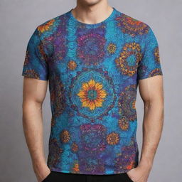 A stylish and unique t-shirt design with vibrant colors and creative patterns