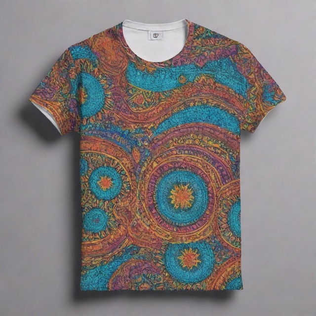 A stylish and unique t-shirt design with vibrant colors and creative patterns