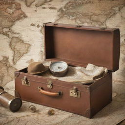 A scene depicting the grandeur of discovery, suitcase in hand, compass and telescope on a backdrop of old world maps and ships