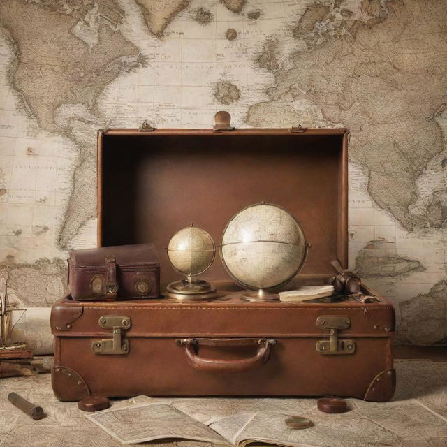 A scene depicting the grandeur of discovery, suitcase in hand, compass and telescope on a backdrop of old world maps and ships