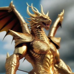 A digital art image of a majestic golden dragon, poised and ready for action