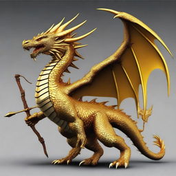 A digital art image of a majestic golden dragon, poised and ready for action