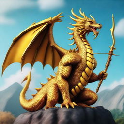 A digital art image of a majestic golden dragon, poised and ready for action