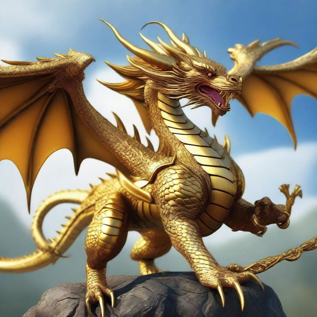 A digital art image of a majestic golden dragon, poised and ready for action