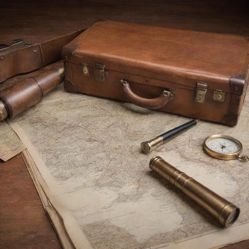 An illustration of the moment of discovery, with a detailed focus on the traveller's tools: an opened suitcase, an antique telescope, and a compass over an ancient map