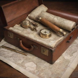 An illustration of the moment of discovery, with a detailed focus on the traveller's tools: an opened suitcase, an antique telescope, and a compass over an ancient map