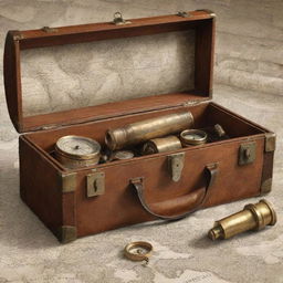 An illustration of the moment of discovery, with a detailed focus on the traveller's tools: an opened suitcase, an antique telescope, and a compass over an ancient map