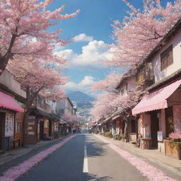 A colorful, vibrant anime scene set in an urban landscape in Japan with cherry blossoms billowing in the wind.