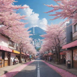 A colorful, vibrant anime scene set in an urban landscape in Japan with cherry blossoms billowing in the wind.