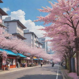 A colorful, vibrant anime scene set in an urban landscape in Japan with cherry blossoms billowing in the wind.