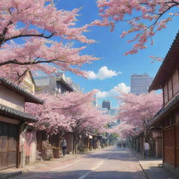 A colorful, vibrant anime scene set in an urban landscape in Japan with cherry blossoms billowing in the wind.