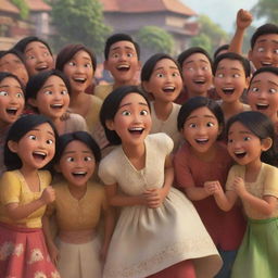 A joyful scene in Disney Pixar style, showcasing Indonesian people in traditional clothes expressing happiness.