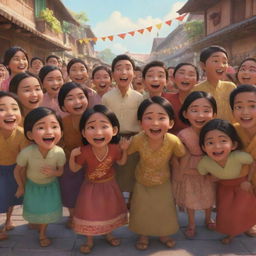 A joyful scene in Disney Pixar style, showcasing Indonesian people in traditional clothes expressing happiness.