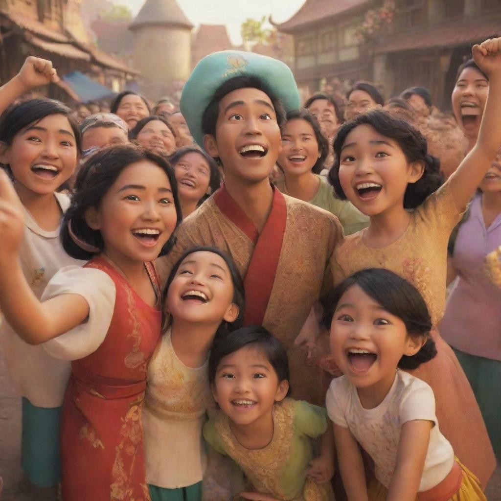 A joyful scene in Disney Pixar style, showcasing Indonesian people in traditional clothes expressing happiness.