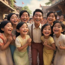 A joyful scene in Disney Pixar style, showcasing Indonesian people in traditional clothes expressing happiness.