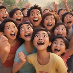 A joyful scene in Disney Pixar style, showcasing Indonesian people expressing happiness.