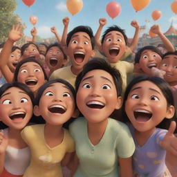 A joyful scene in Disney Pixar style, showcasing Indonesian people expressing happiness.