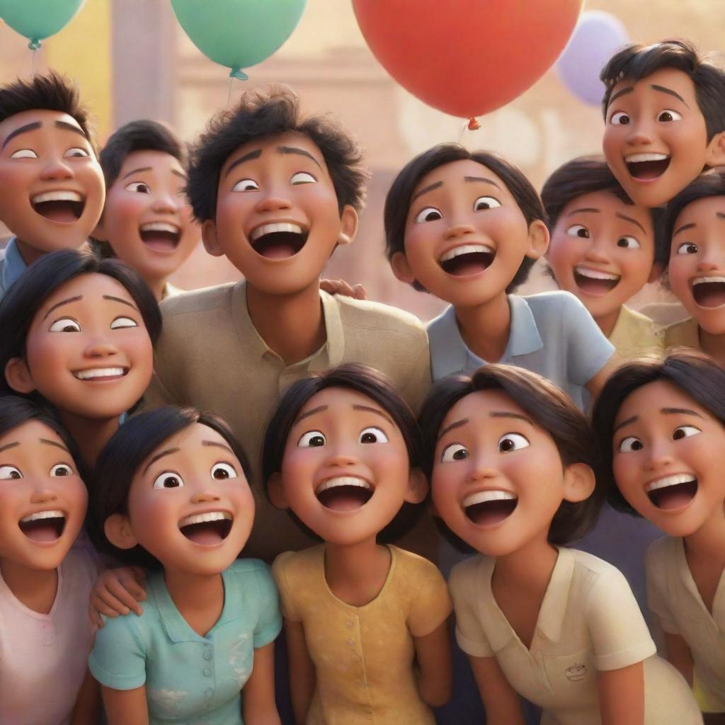 A joyful scene in Disney Pixar style, showcasing Indonesian people expressing happiness.