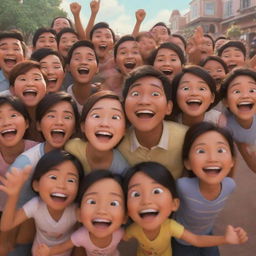 A joyful scene in Disney Pixar style, showcasing Indonesian people expressing happiness.