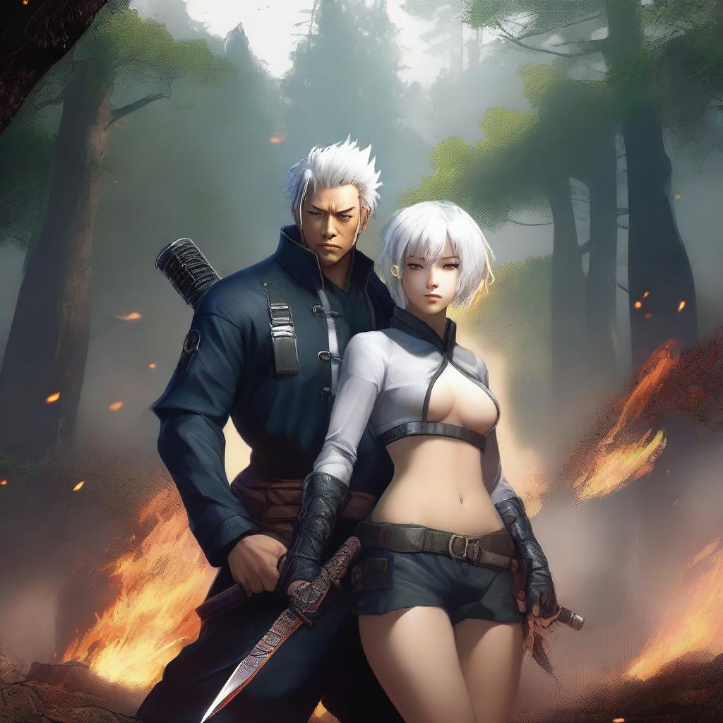 This is a top-notch digital art image featuring Yu Ijin from Mercenary Enrollment, holding a curvy Asian girl around her waist