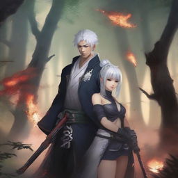 This is a top-notch digital art image featuring Yu Ijin from Mercenary Enrollment, holding a curvy Asian girl around her waist