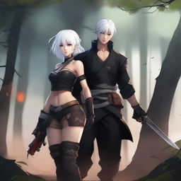 This is a top-notch digital art image featuring Yu Ijin from Mercenary Enrollment, holding a curvy Asian girl around her waist