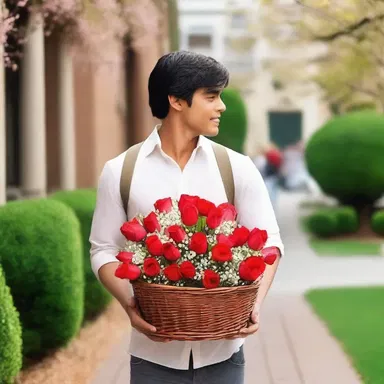 In the movie, a character carries a basketful of flowers to propose to his love interest.