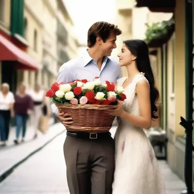 In the movie, a character carries a basketful of flowers to propose to his love interest.