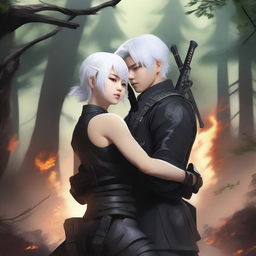 A high-quality digital art piece depicting Yu Ijin, a mercenary, affectionately hugging a curvy Asian girl around her waist