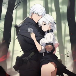 A high-quality digital art piece depicting Yu Ijin, a mercenary, affectionately hugging a curvy Asian girl around her waist