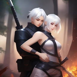 A high-quality digital art piece depicting Yu Ijin, a mercenary, affectionately hugging a curvy Asian girl around her waist