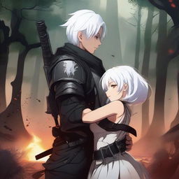 A high-quality digital art piece depicting Yu Ijin, a mercenary, affectionately hugging a curvy Asian girl around her waist