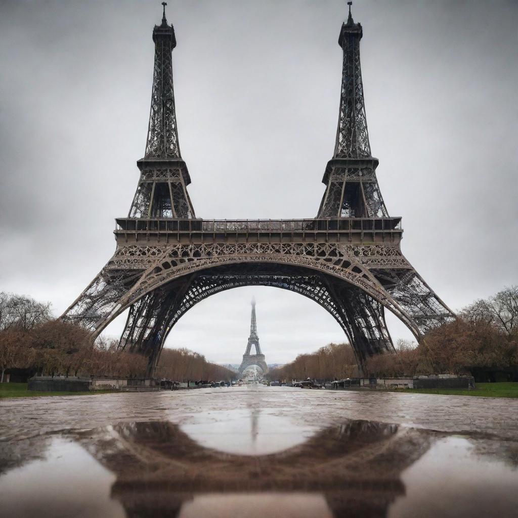 A surreal image depicting two Eiffel Towers leaning towards each other as if meeting in the center.