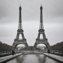 A surreal image depicting two Eiffel Towers leaning towards each other as if meeting in the center.