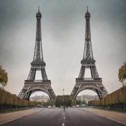 A surreal image depicting two Eiffel Towers leaning towards each other as if meeting in the center.