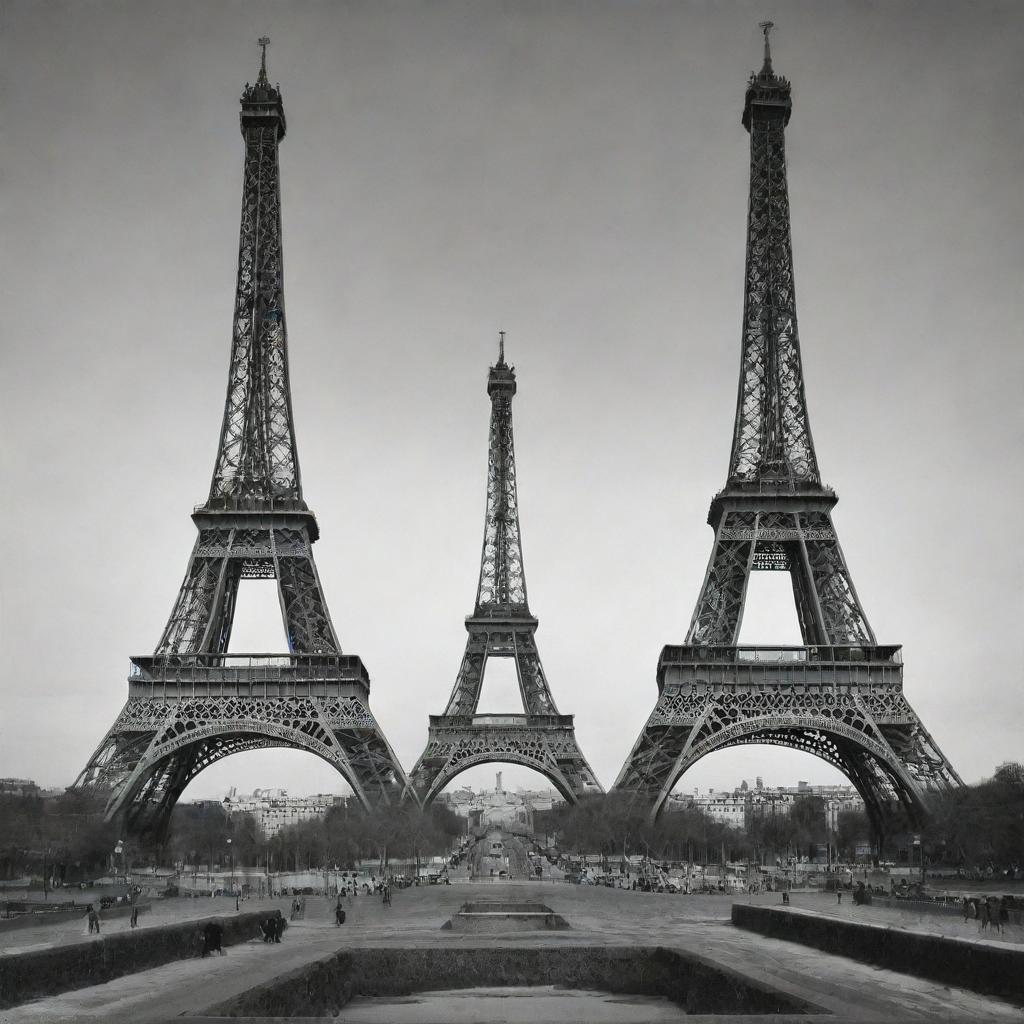 A surreal image depicting two Eiffel Towers leaning towards each other as if meeting in the center.