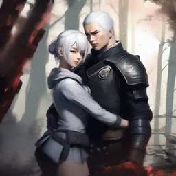 An image of high-quality digital art showcasing Yu Ijin, a mercenary, affectionately embracing a voluptuous girl at her waist