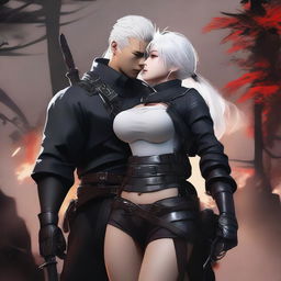 An image of high-quality digital art showcasing Yu Ijin, a mercenary, affectionately embracing a voluptuous girl at her waist