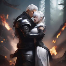 An image of high-quality digital art showcasing Yu Ijin, a mercenary, affectionately embracing a voluptuous girl at her waist